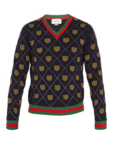 Wool sweater with Gucci intarsia in dark blue 